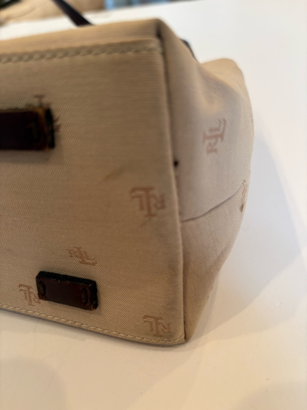 Ralph Lauren Cream Canvas Tote with Brown Leather Trim/inside is excellent - Picture 8 of 12
